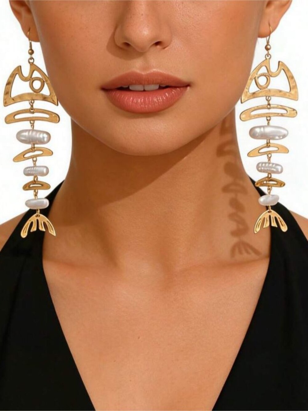 Pearl Dangle Fishbone Earrings Q1117 - Picture 2 of 3